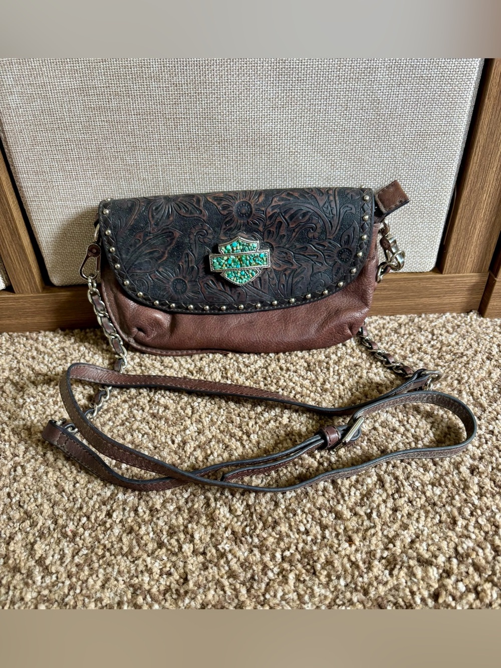 2014 Harley-Davidson Brown Leather Tooled Crossbody with Turquoise Shield